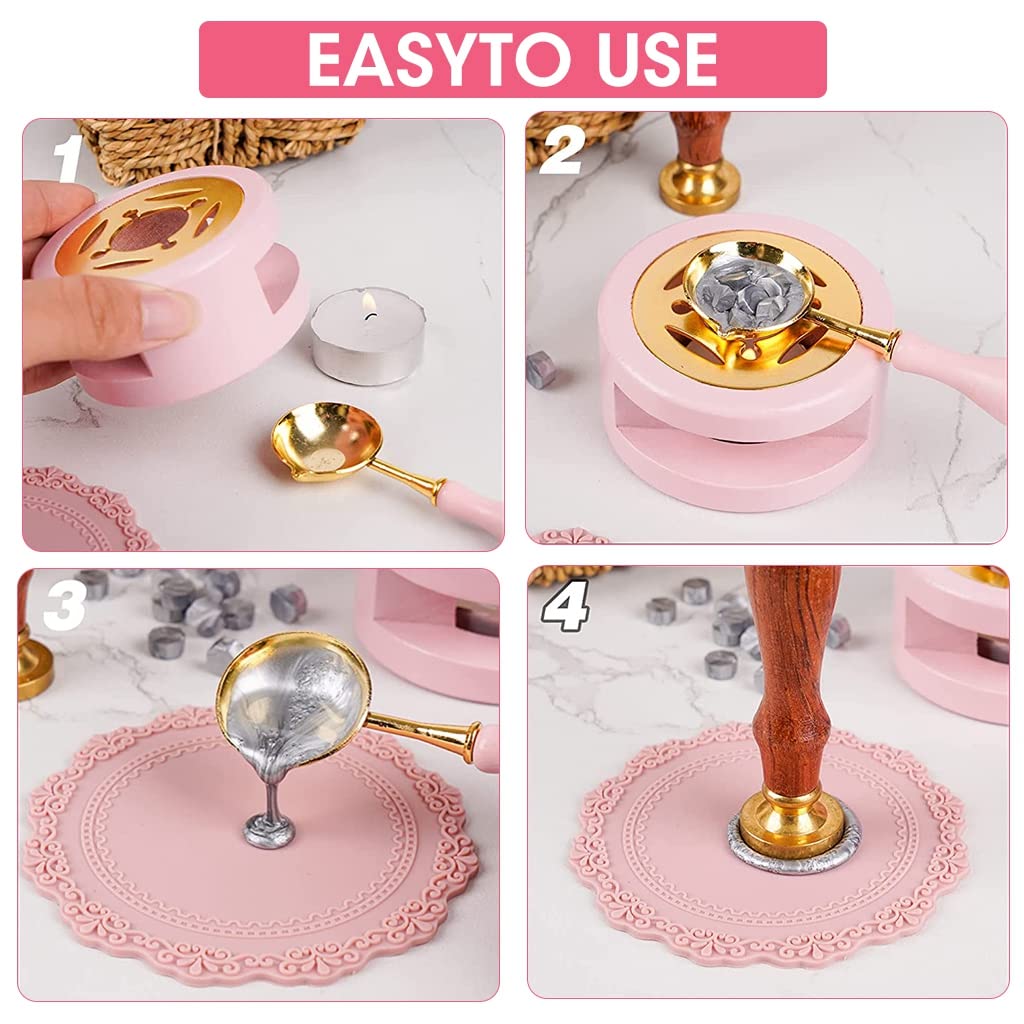 HASTHIP Wax Seal Kit with Wax Seal Furnace, Wax Seal Spoon and Wax Seal Silicone Pad for Melting Wax Seal Beads or Sealing Wax Sticks, Wax Melting Furnace Tool for Wax Envelope (Pink)