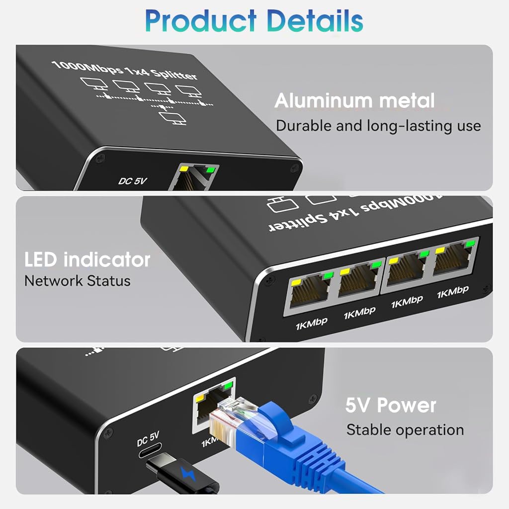 ZORBES® USB C Ethernet Splitter 4 in 1 Ethernet Splitter 1000Mbps RJ45 LAN Internet Splitter with USB-C Interface Universal Ethernet Splitter for Computer, Hub, Switch