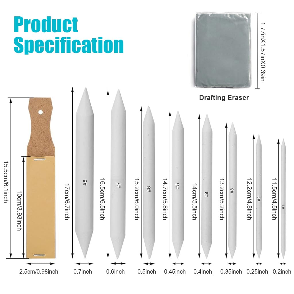 HASTHIP 22Pcs Sketching Kit - Including 16 Blending Stumps Set with 2 Sandpaper Pencil Sharpeners, 1 Pencil Extension Tool, 2 Erasers & 1 Felt Bag for Student Sketch Drawing Accessories