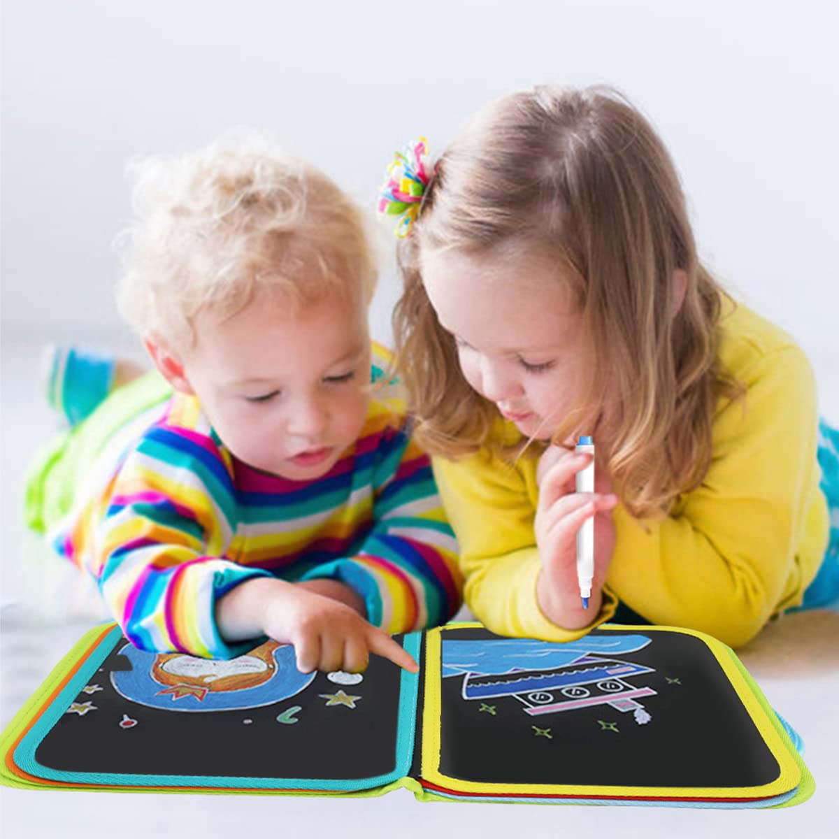 PATPAT Erasable Doodle Book for Kids Big Size, Magical Drawing Book 14 Pages Reusable Drawing Pads with 12 Water-Soluble Chalk Markers, Portable Busy Board Drawing Board for Kids Boys Girls