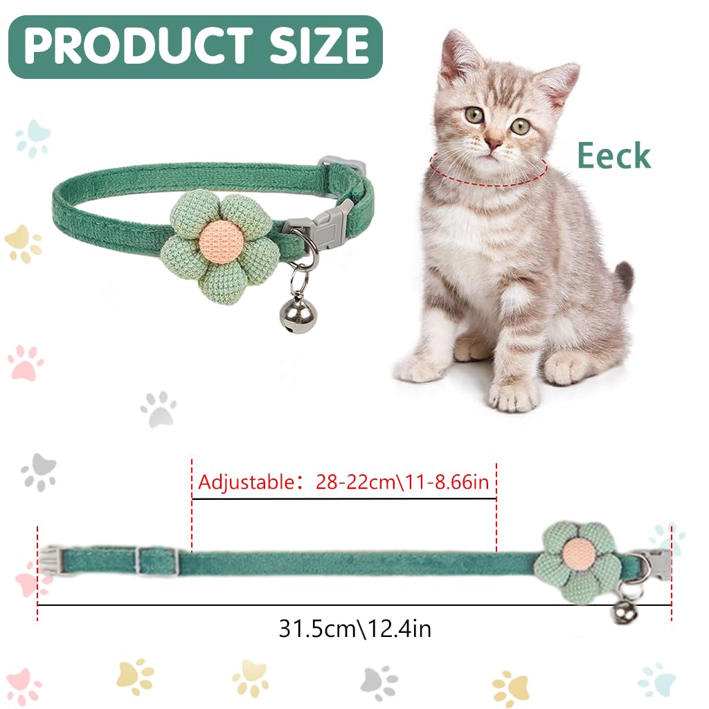 Qpets Cat Collar Pet Collar Cute Flower Cat Collar with Bell, Lovely Cat Collar Quick Release Adjustable Cat Collar Soft Plush Collar Cat Gift Cat Collar, Green