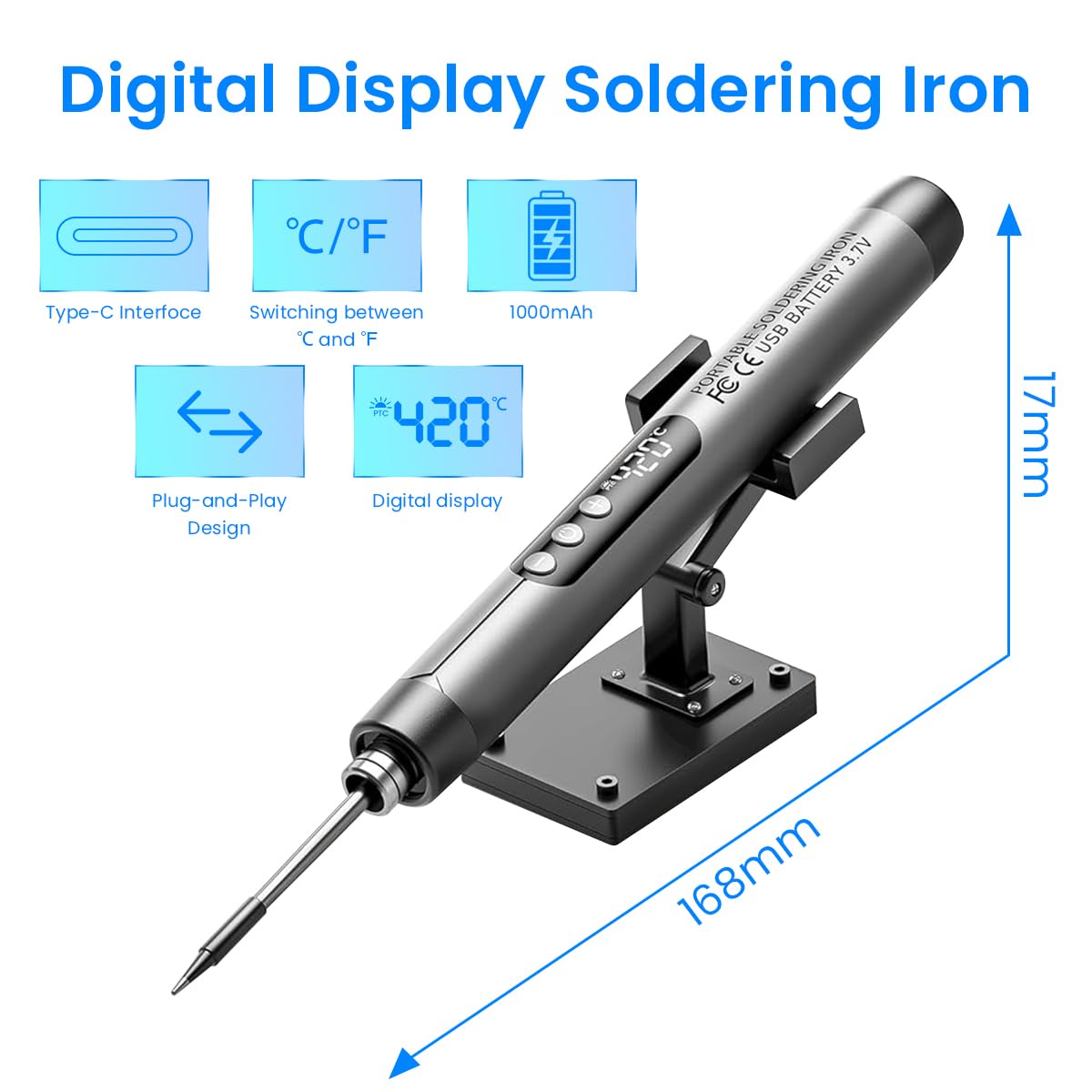 Serplex LCD Soldering Iron Tool Kit with Carry Case Rechargebale 1000mAh Cordless Soldering Iron Pen Adjustable Temperature Handheld Soldering Iron Kit for Electronics Repairing, DIY Assemble
