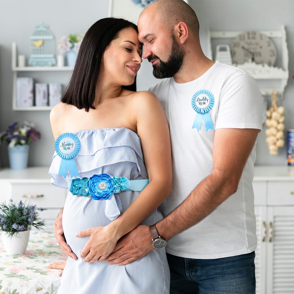 PALAY Mom to Be Flower Sash Set - Baby Shower Daddy to Be Corsage Pin - Flower Belt for Maternity Dress - Pregnancy Photo Props Supplies-Blue