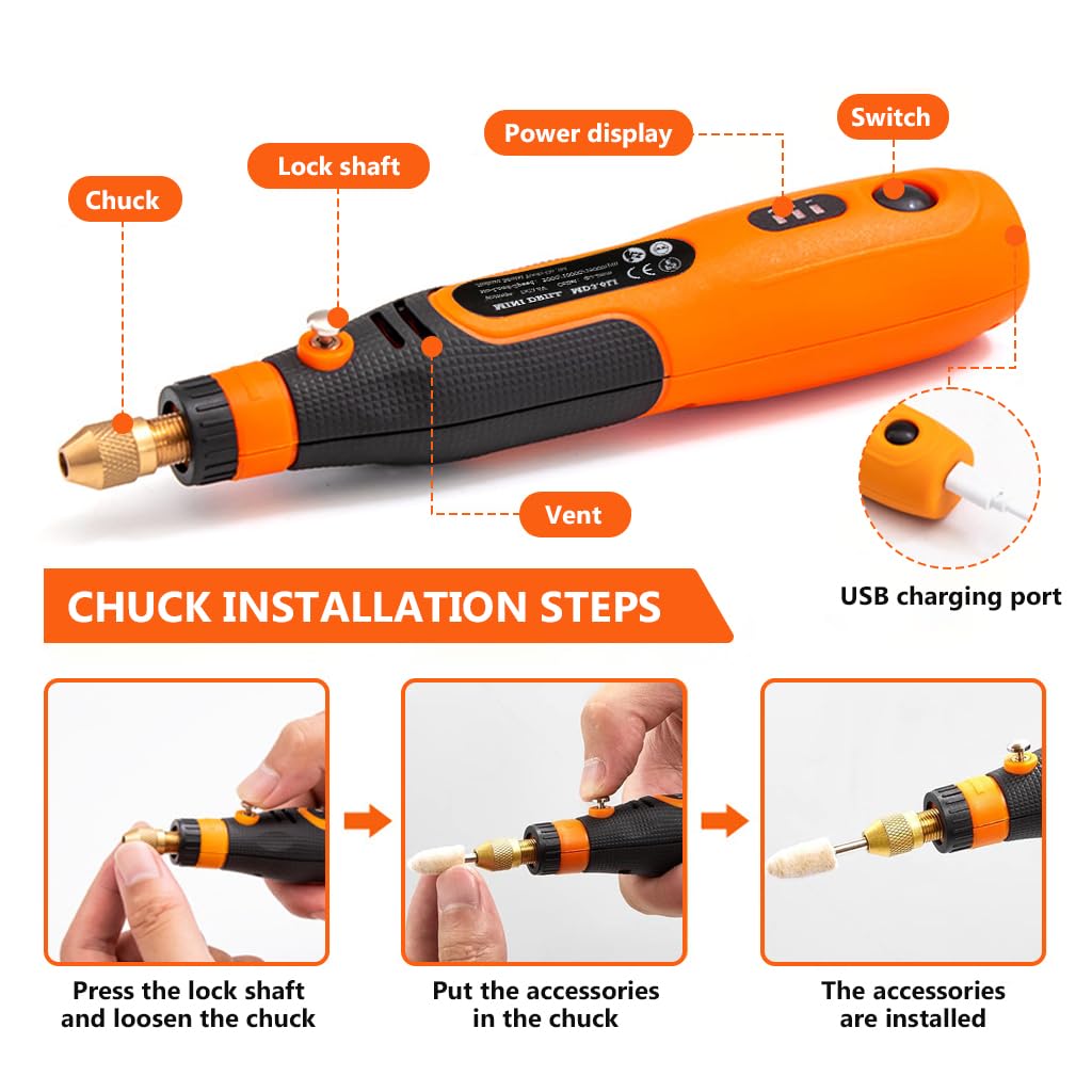Verilux Cordless Drill Machine, 32pcs Mini Kit, USB Rechargeable 3 Speed Small Drill for Craft, Engraving/Polishing/Grinding/Cleaning, 3.6V