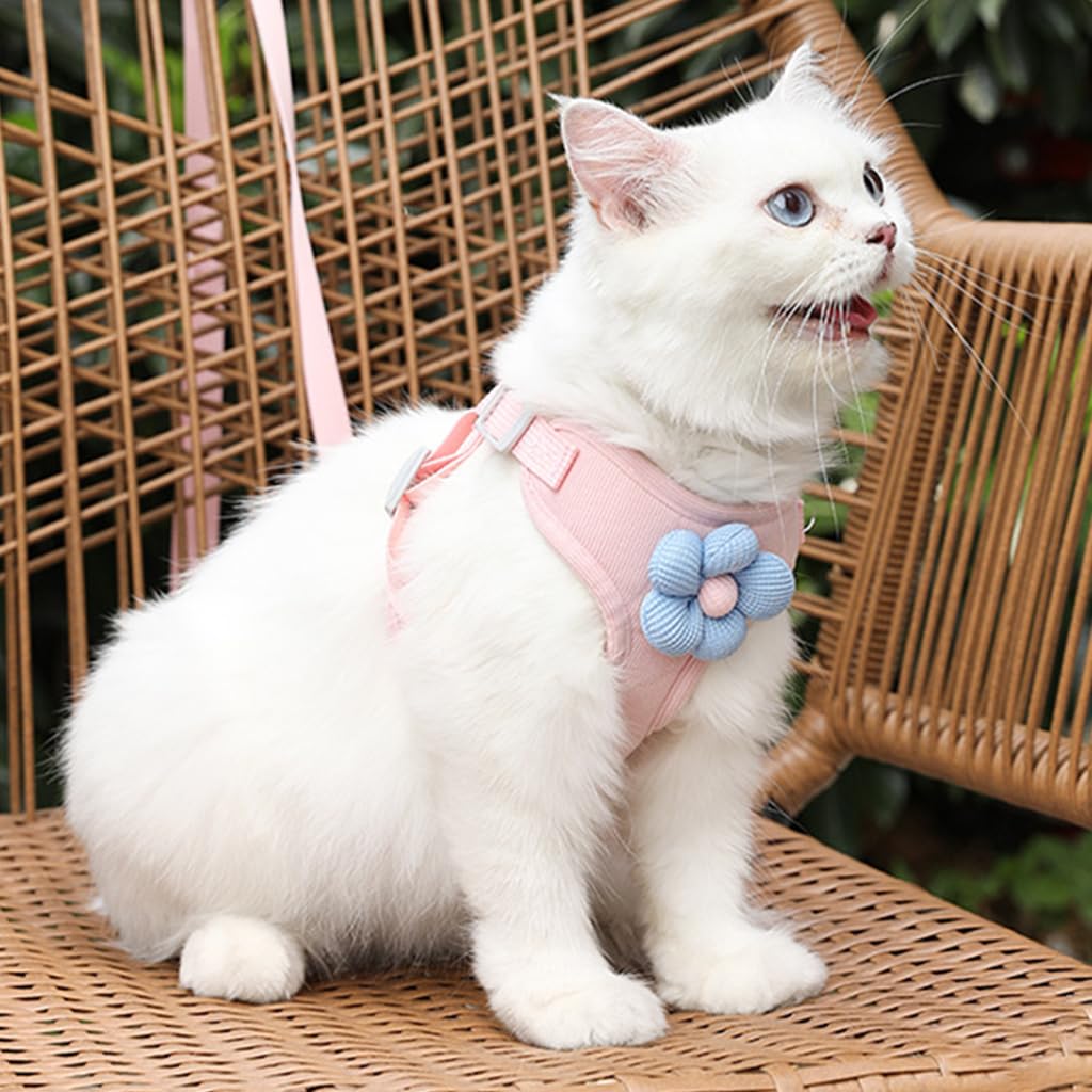 Qpets Cat Vest Harness with 1.2m Leash, Adjustable Size Pet Vest Harness with Quick Release Buckle Breathable Fabric Cute Cat Harness for Small Cat Puppy(M, Chest 31-42CM, Neck 28-35CM)