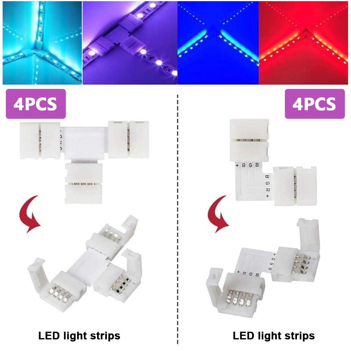 ZIBUYU 4 Pin RGB LED Strip Connector Kit for 5050 10mm Light Strip, Includes RGB Extension Cable, LED Strip Jumper, 2 Way Splitter Cable, 'L'&' T' Shape Connector, Gapless Connectors, LED Strip Clips