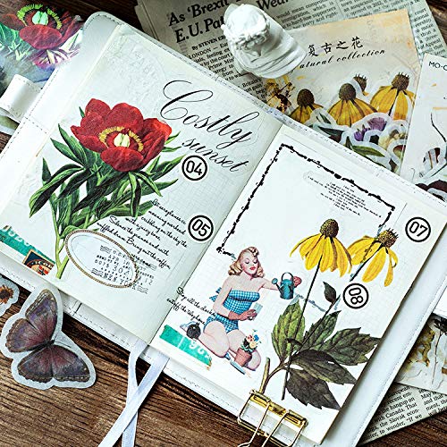 HASTHIP 60 Pcs Vintage Ephemera Pack, Romantic Easy Self-Adhesive Plants Floral Style Decoration Note Paper Stickers for Card Stock Scrapbook Letters Notebook Card Making DIY (Spend time)