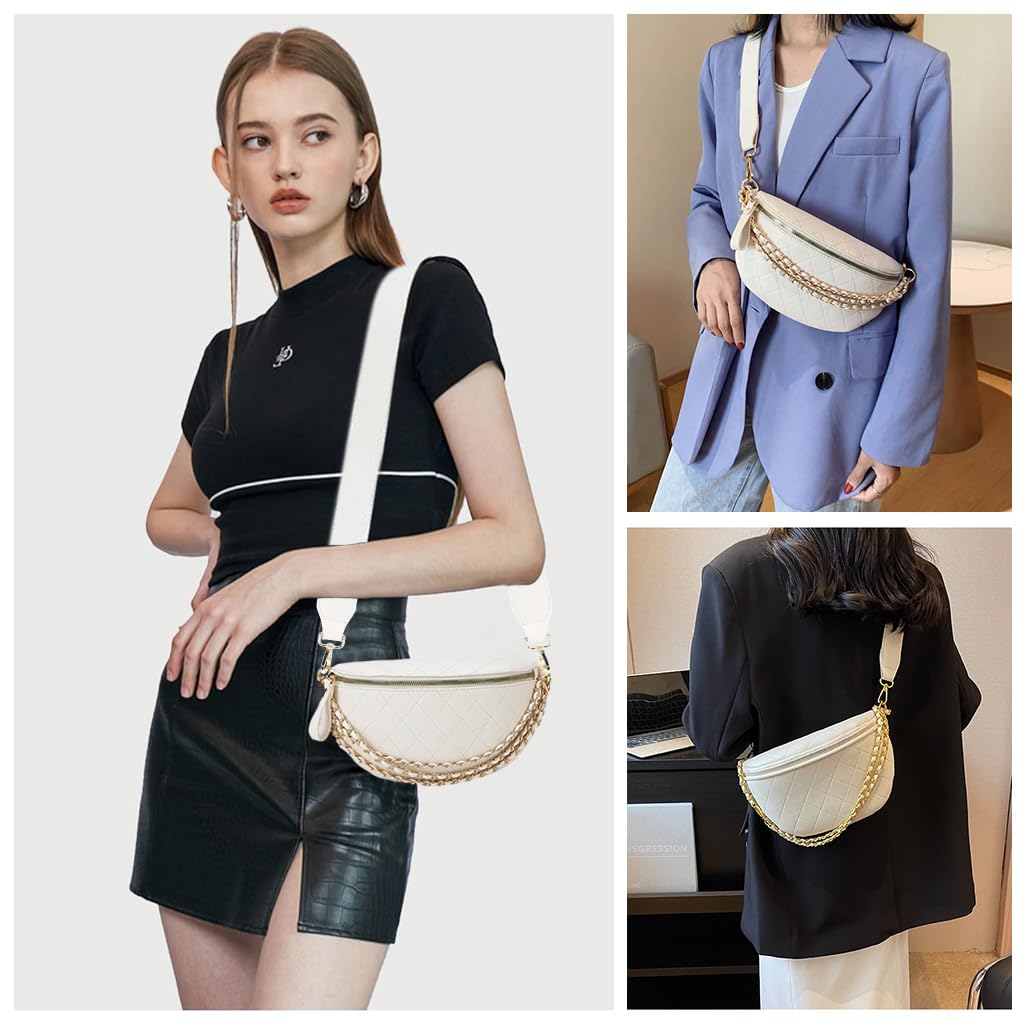 PALAY Women Sling Bag Fashion PU Shoulder Bag for Women Chain Bag Wide Shoulder Strap Crossbody Bag Phone Bag Casual Style Women Bag for Daily, White