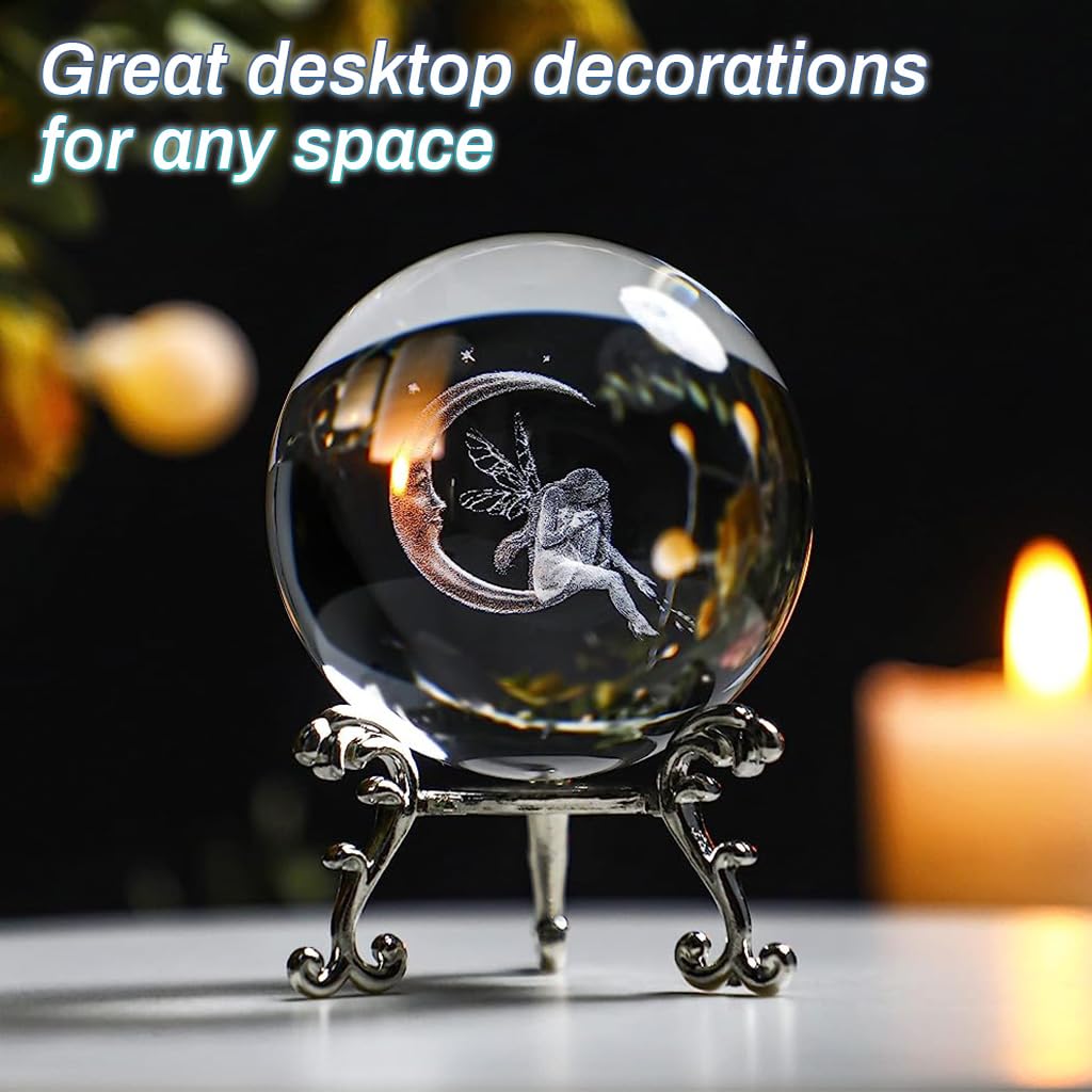 HASTHIP 8cm/3.15inch 3D Moon & Fairy Crystal Ball, Glass Sphere Laser Engraved Ball with Sliver-Plated Flowering Stand, Christmas Home Decor Desk Ornament Birthday Gift Festival Gift