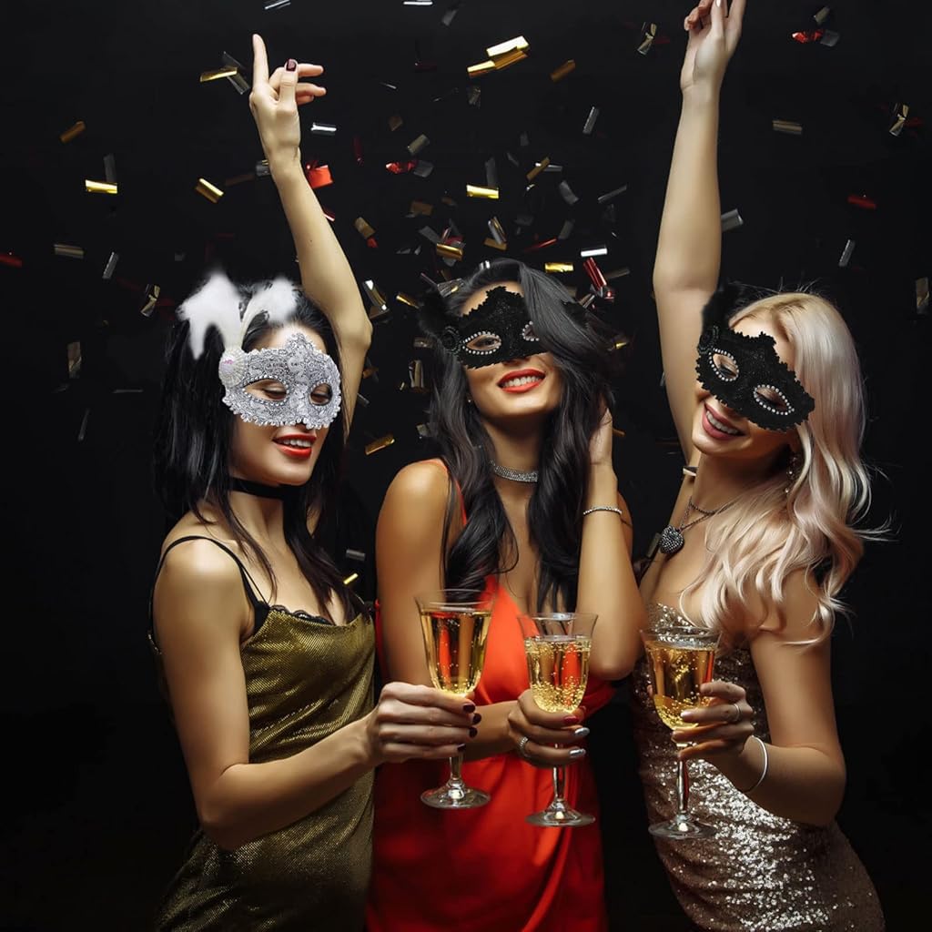 PATPAT 2 Pcs Masquerade Mask for Women Elegant Feather Venetian Mask Ball Party Dressing Up Tie-Back Masquerade Mask Carnival Makeup Mask Costume Eye Mask, Black and White
