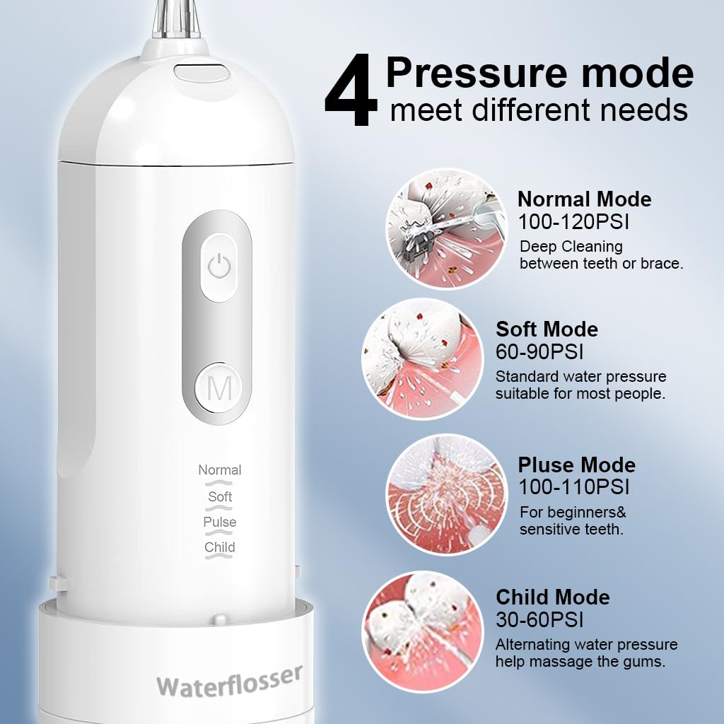 HANNEA Dental Flosser for Teeth Cleaner, Cordless Water Oral Irrigator 4 Cleaning Mode with 5 Jet Tips Water Dental Floss IPX7 Powerful battery for Teeth Cleaning Braces, Home, Travel