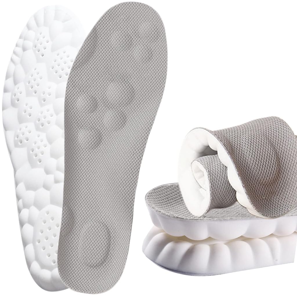PALAY 2 Pairs Memory Foam Insoles with Arch Support for Women Men,Comfort Massage Insoles Replacement Shoe Inserts for Trainers Sneakers Sports Shoes Work Boots,Breathable,Shock Absorption (Women: UK 3-6, Grey)