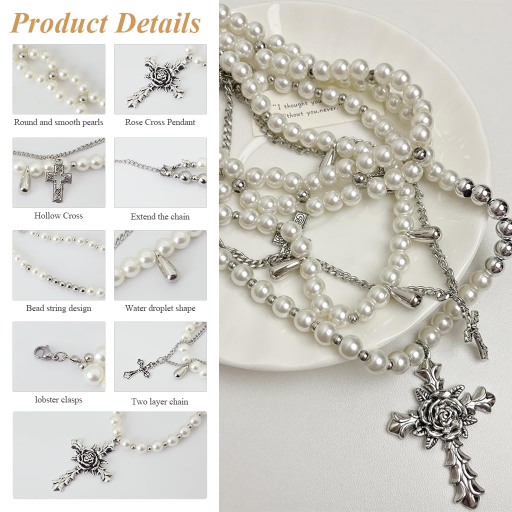 SANNIDHI Chic Necklace for Women Retro Baroque Rose Cross Pendent Layered Pearl Necklace Heavy Duty Faux Pearl Chain Necklace Layed Necklace Punk Rock Style Fashion Necklace