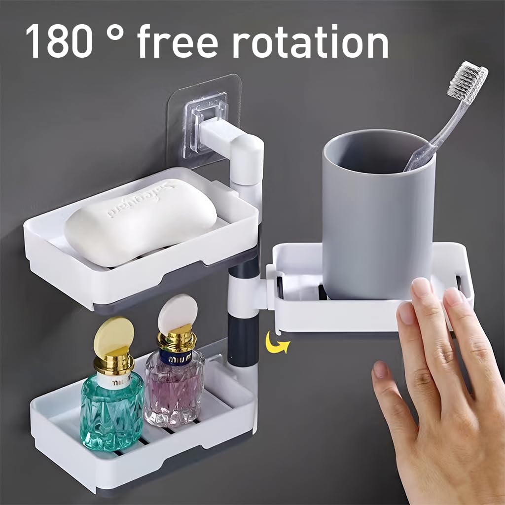 HASTHIP Super Powerful Self-Adhesive 3 Layer Soap Dish Holder for Bathroom Shower and Kitchen Wall Mounted Rotatable Soap Holder Saver Box Storage