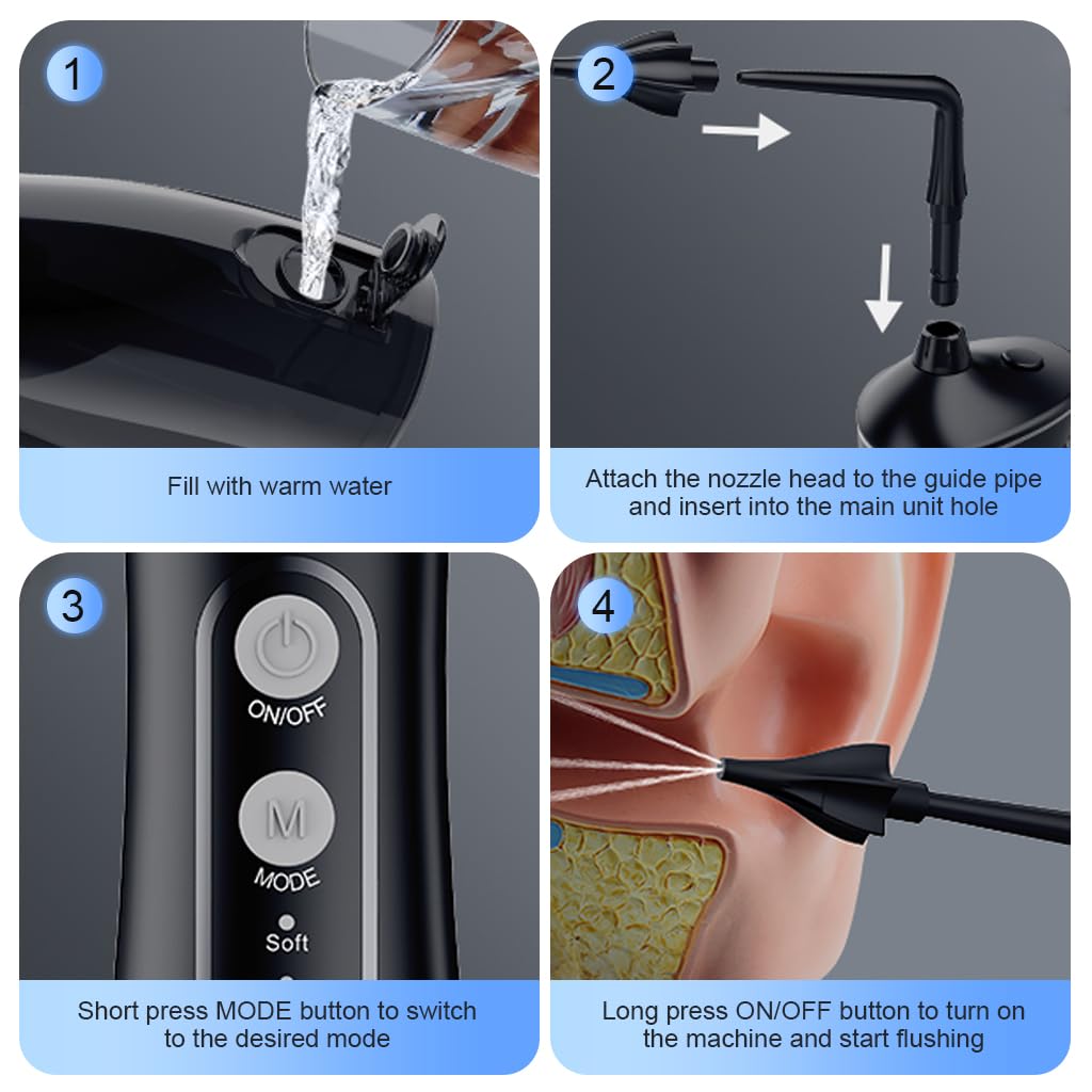 HANNEA Electric Ear Canal Cleaner Device USB Canal Rinsing Device with 4 Modes, Electric Ear Irrigation Device with 4 Attachable Tips Earwax Removal Device for Adults, Kids, Elders