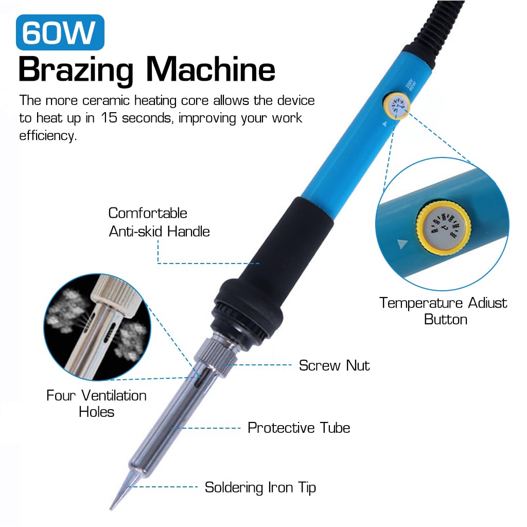 Serplex® Soldering Iron Kit 60W Adjustable Temperature Electric Set with 15PCS Soldering Tips Desoldering Pump Solder Wick Tweezers Soldering Wire