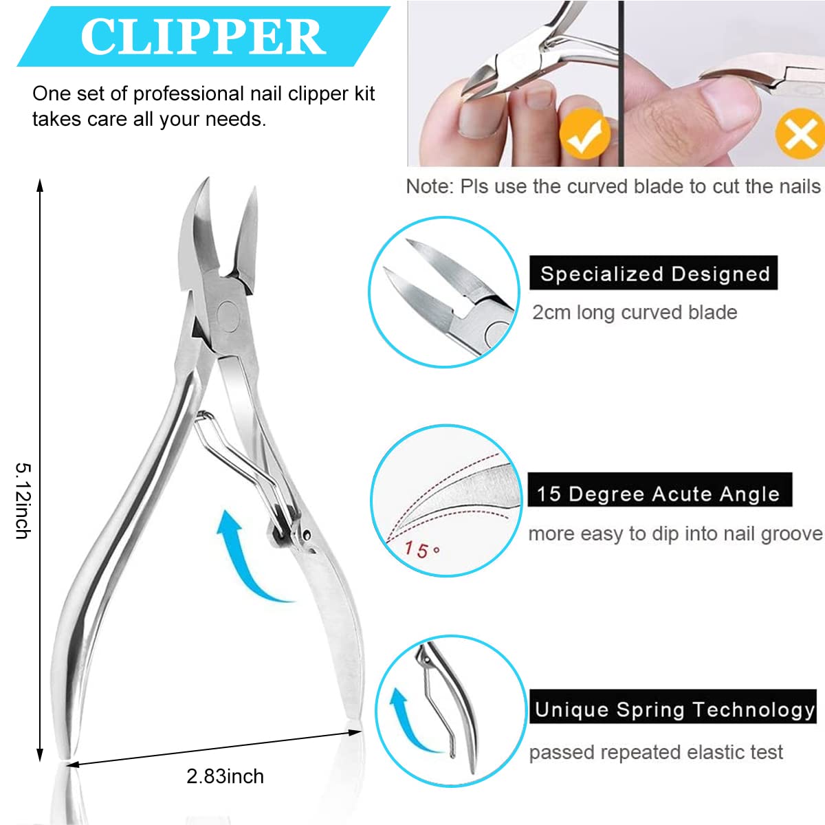MAYCREATE 7 Pcs Clippers Set, Staineless Steel Ingrown Toenail Tool Kit, Nail Cutter, Nailcutter, Professional Toe Nail Nippers Set for Ingrown & Thick Nail, Manicure Pedicure