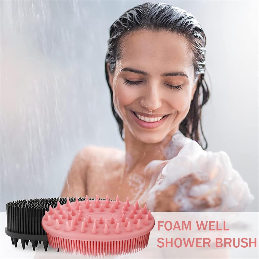 MAYCREATE 2 Pack Silicone Body Scrubber, 2 in 1 Bath and Shampoo Brush, Exfoliating Double-Sided Body Brush for Sensitive Skin, Scalp Massager Shampoo Brush, Gentle Exfoliating, Pink+Black