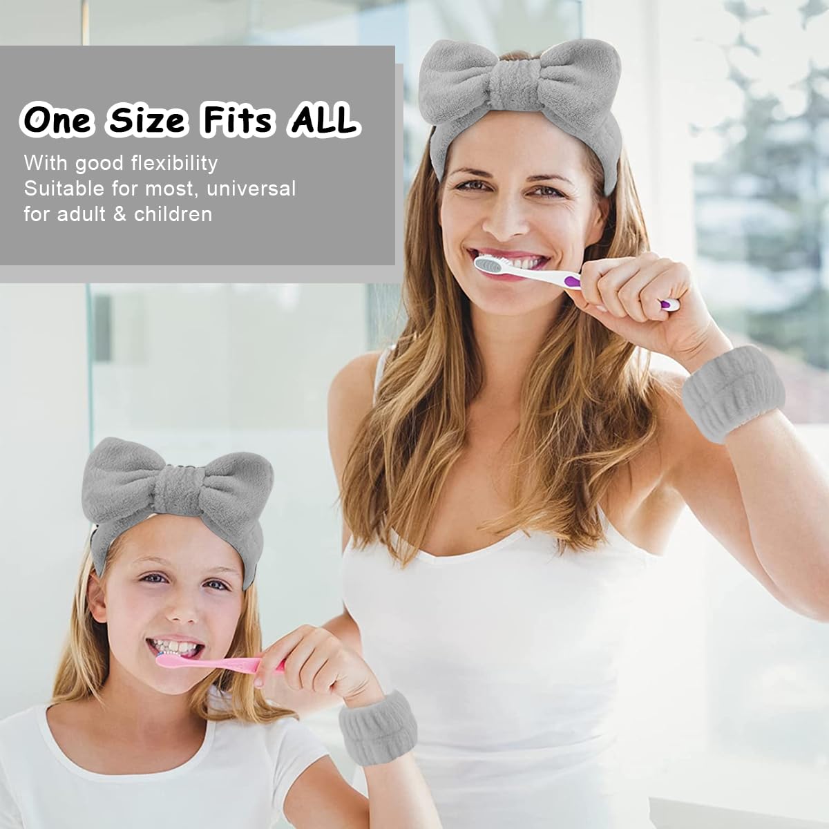 MAYCREATE Spa Headband & Wristband Set for Washing Face, Soft Makeup Bowknot Headband for Women Girls, Super Absorbent Flannel Sweat Wrist Band Towel for Face Wash, Yoga, Fitness (Grey)