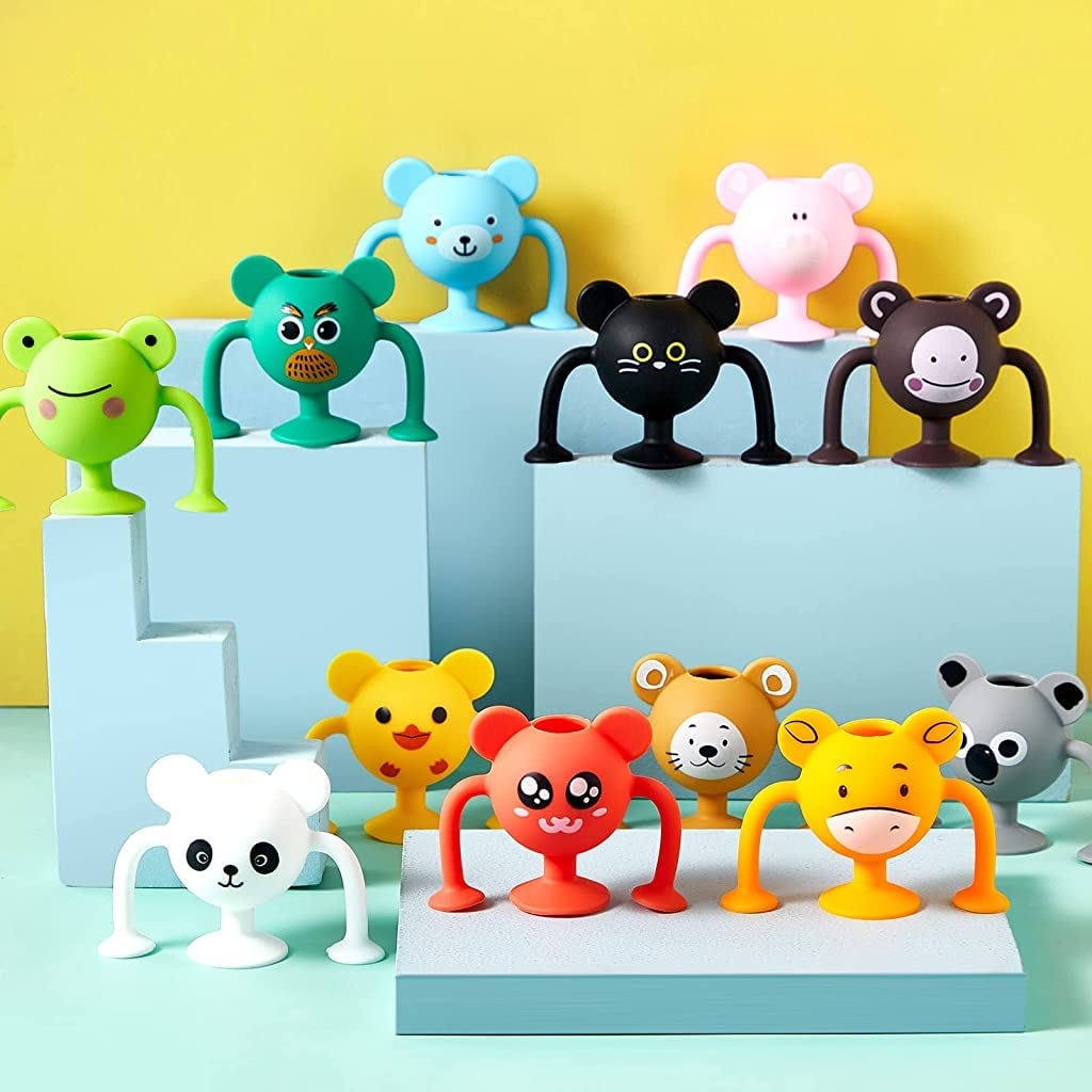 PATPAT Suction Toys for Baby, 12 Pcs Cartoon Silicone Animal Suction Toys Stress Toys Set Building Blocks for Baby High Chair Parent Interactive Game Travel Toy Bath Toys for Kids 3 4 5 6 7 8 Years