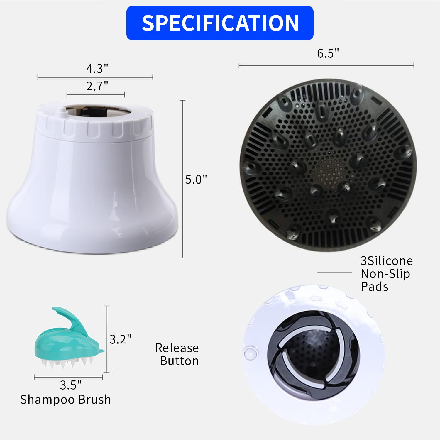 MAYCREATE Hair Diffuser for Curly Hair Diffuser Universal for 1.4'' to 2.6'' Professional Hair Dryer for Frizz Free Curls and Waves Hair Coming with Shampoo Massager Scalp Brush