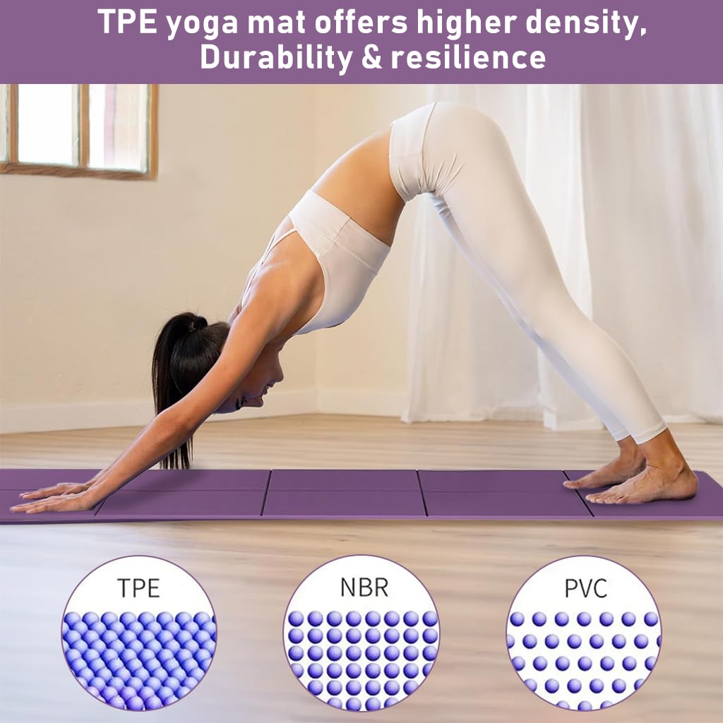 Proberos Portable Folding Yoga Mat with Carry Bag TPE Yoga Mat Anti-slip 5mm Thicken Fitness Yoga Mat for Men Women Pilates Mat for Home Workout, Gym, Travel, 72x24 inches, Purple