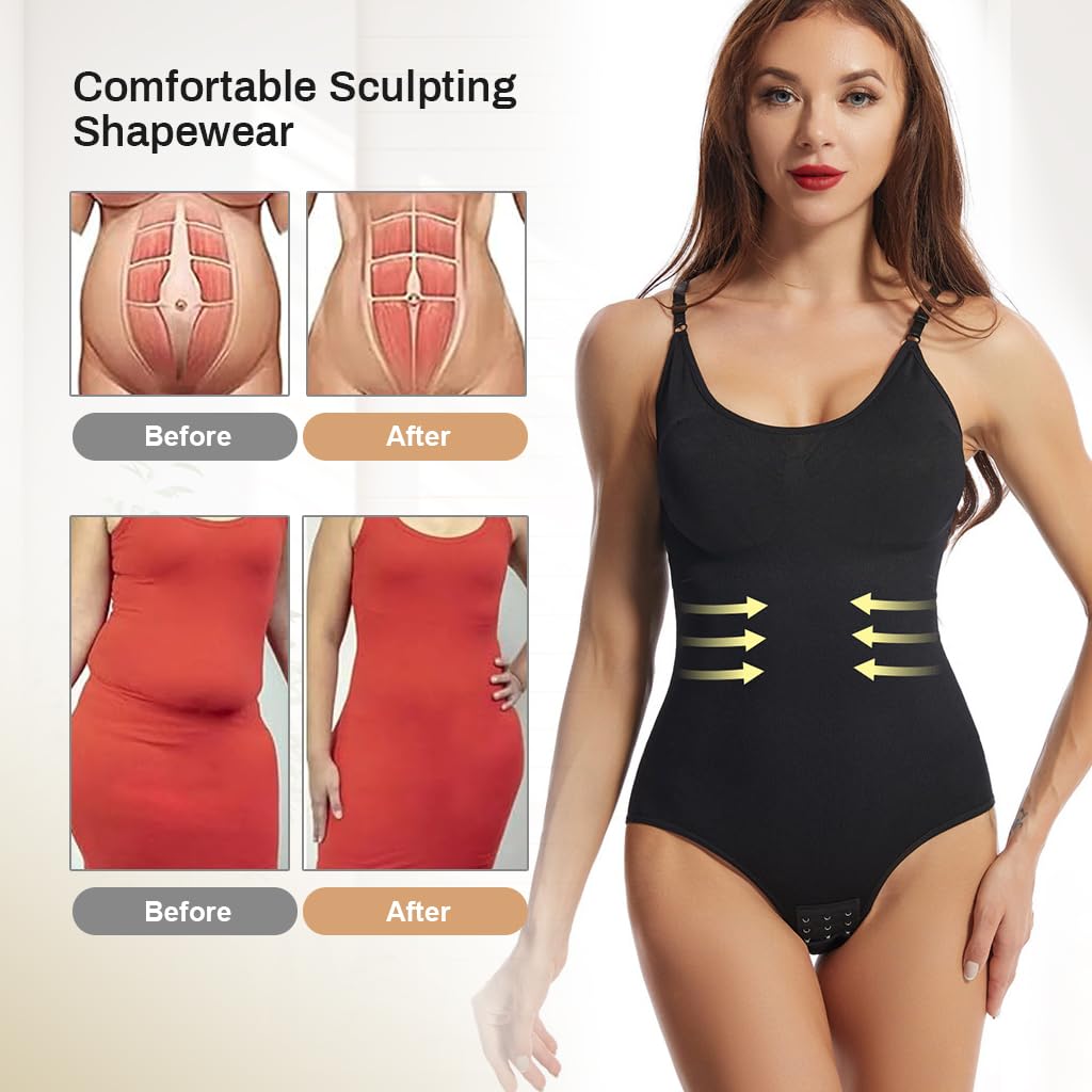 PALAY Women Shapewear Thong Bodysuit Base Wear Full Body Shapewear High Stretchy Thong Basic Bodysuit Waist Trainer Tummy Control, L