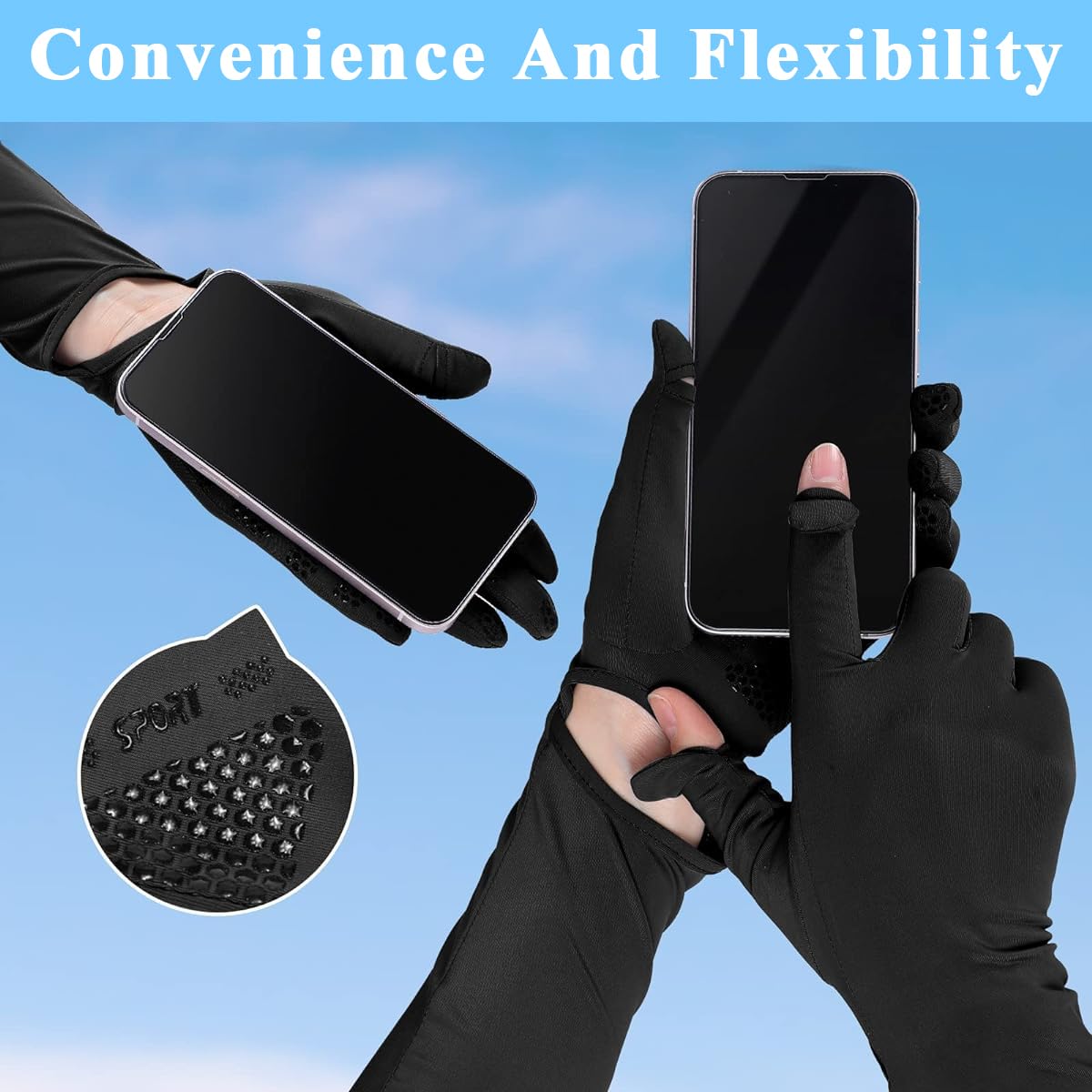 PALAY UV Protection Arm Sleeves Nylon Ice Silk Arm Sleeves with One Piece Gloves, Open Finger Tip & Anti-slip Palm Design Outdoor Cool Arm Sleeve for Driving, Cycling, Gardening - Black