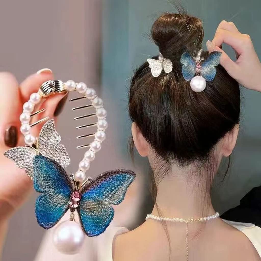 PALAY Hair Bun Accessories for Women Pearl Butterfly Bun Holder Hair Style Clip, Stylish Metal Rhinestone Twist Hair Bun Clips for Ladies Bride Party or Daily