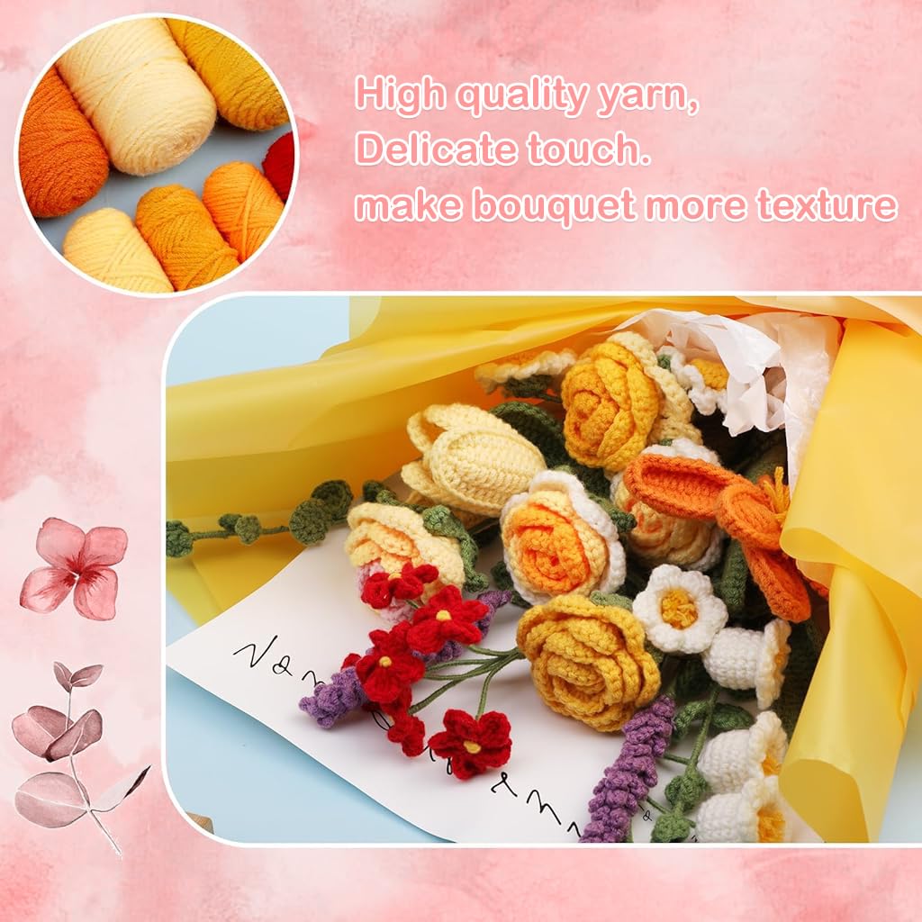 PATPAT DIY Crochet Kit Flower Bouquet Material Kit Crochet Kit for Beginners, Knitting Kit Rose Flowers Bouquet Starter Kit with Yarn Tools, Crochet Hooks & Tutorial Pamphlet, Birthday Gift for Girls