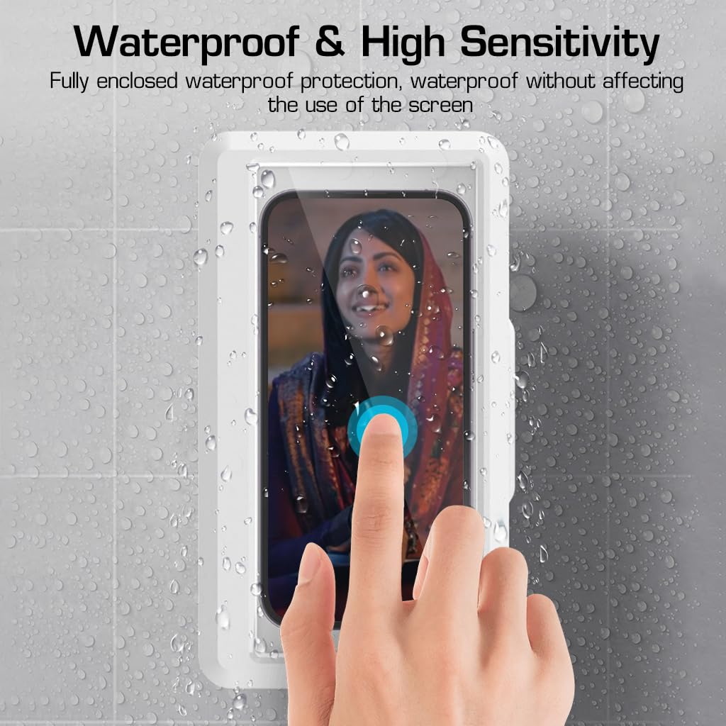 ZORBES Waterproof Bathroom Wall Mount Phone Holder Case 360° Rotatable Phone Stand with HD Touch Screen Self Adhesive Installation Detachable Phone Holder for 6.8