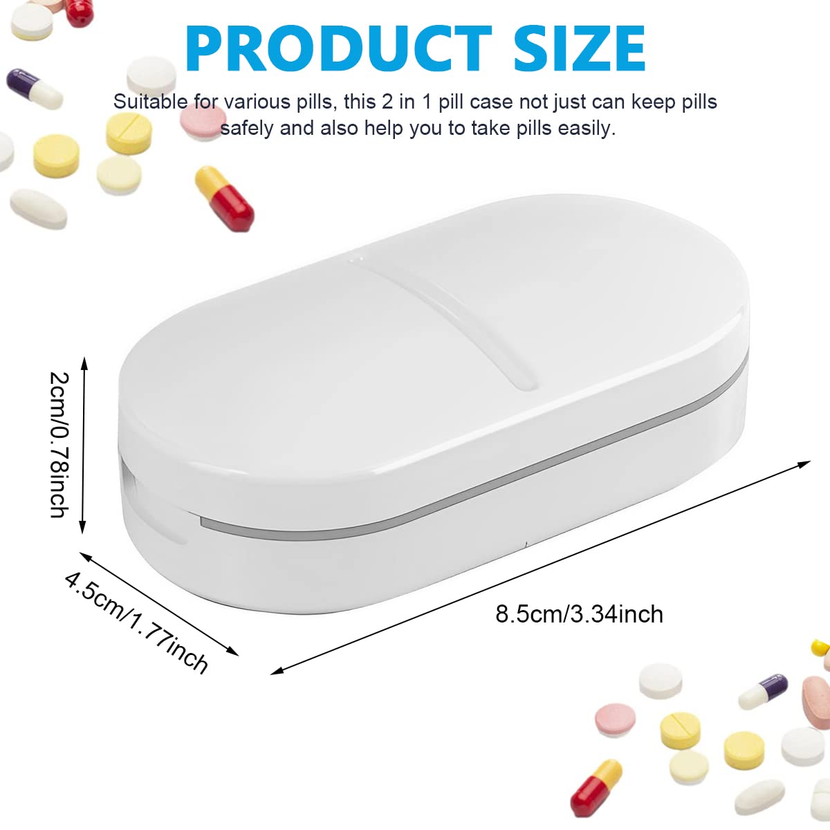 HANNEA Portable Pill Box Tablets Cutter, Medicine Organizer Box with Pill Cutter for Small and Large Tablets 2 in 1 Pill Storage Organizer with Tablet Cutter for Daily Use, Travel