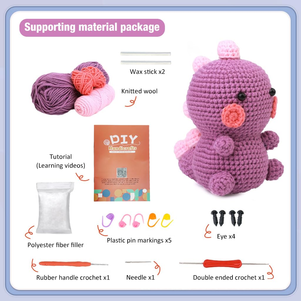PATPAT Crochet Stuffed Animal Kit Crochet Kit for Beginners DIY Knitting Kit Full Set Crochet Starter Kit with Yarn, Polyester Fiber, Crochet Hooks, Tutorial Video, Kids Friends Gifts (Dinosaur)