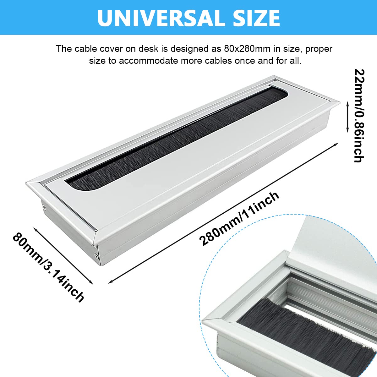 HASTHIP Rectangular Wire Cable Hole Cover with Dust-Proof Brush, Aluminum Metal Cable Organizer, Wire Manager for Table, Desk Hole Cap for Office and Computer Desks (280mm*80mm, Silver)