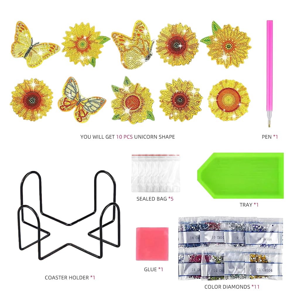 HASTHIP 10Pcs Sunflower Diamond Painting Coasters with Holder, 5D Full Drill DIY Spring Diamond Art Coaster Acrylic Round Coaster for Beginners Adults and Kids Art Craft Supplies, Style E