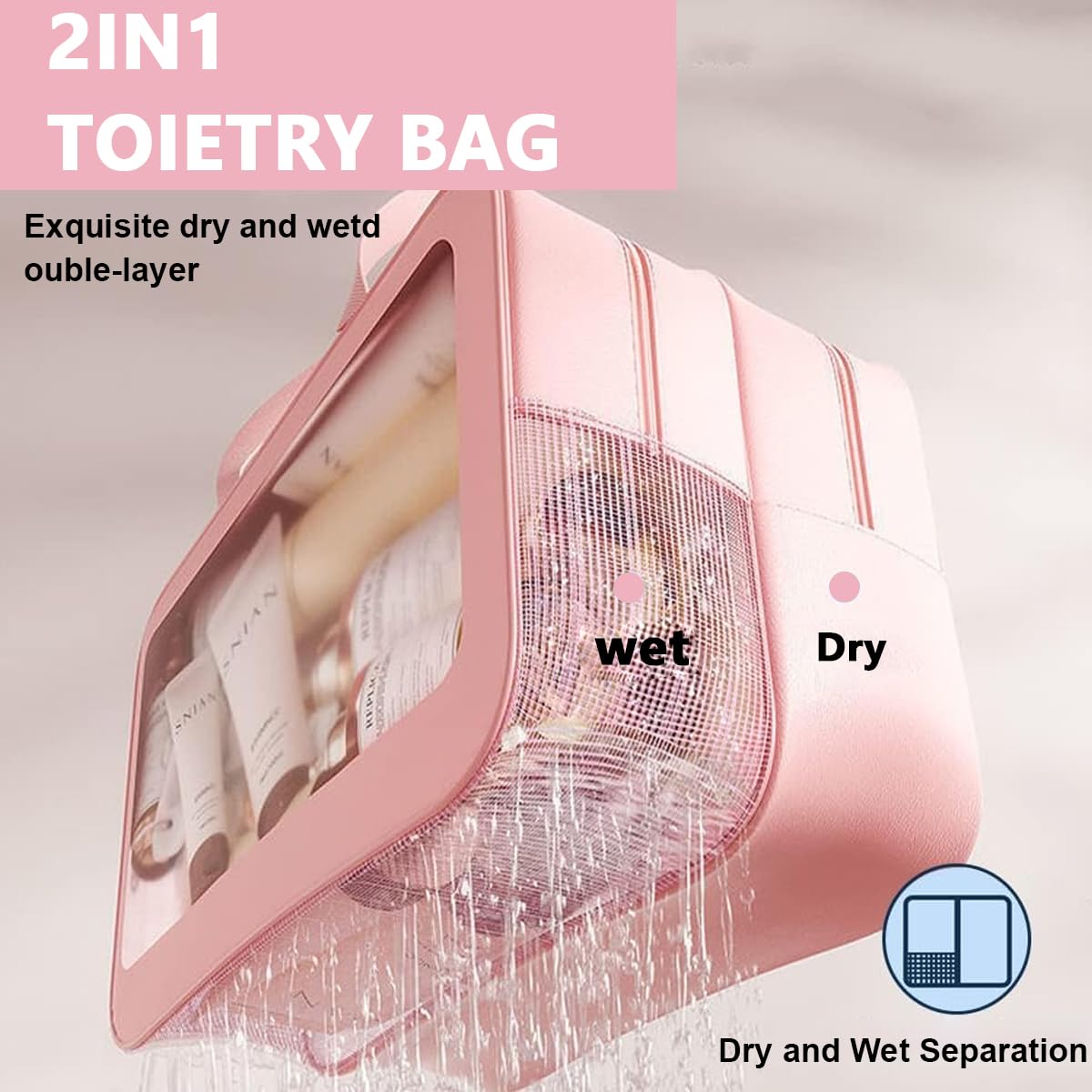 MAYCREATE Travel Toiletry Bag, Large Clear Makeup Bags, 2 in 1 Cosmetics Bag with Zipper Handle, Translucent Waterproof and Draining Travel Accessories Bag, Pink