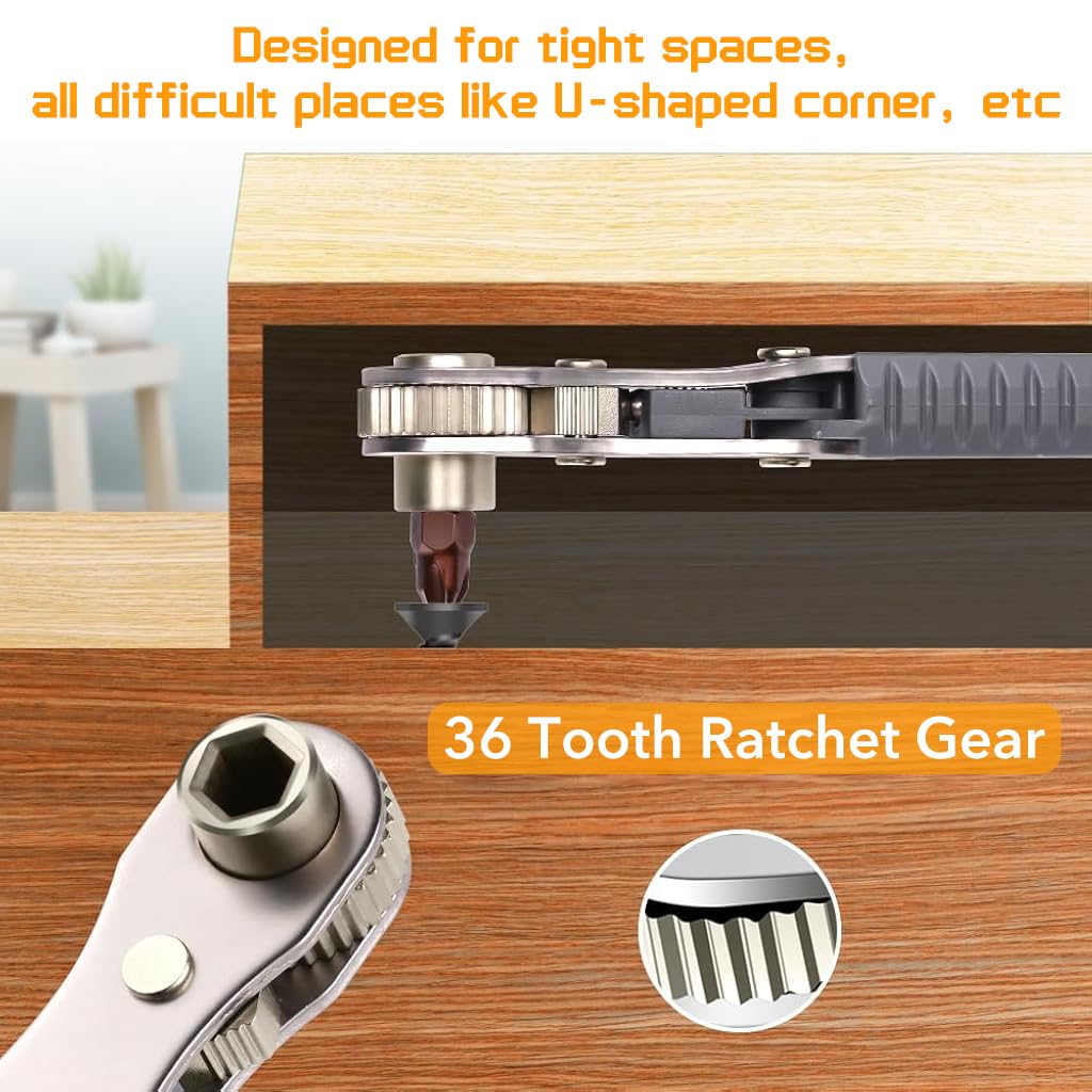 Serplex Handy Ratchet Wrench Set 1/4 Inch Drive Ratchet Wrench with 4 Screwdriver Bits High Torque Reversible Ratchet Wrench with with Phillips, Slotted, Hex, Torx for Tight Spaces
