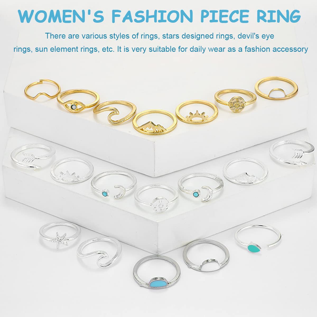 SANNIDHI 19 Pcs Boho Retro Rings Sets Combo Stackable Rings for Women Teen Girls, Vintage Knuckle Rings Finger Ring Sets Fashion Turquoise Golden-Plating Sleek Rings