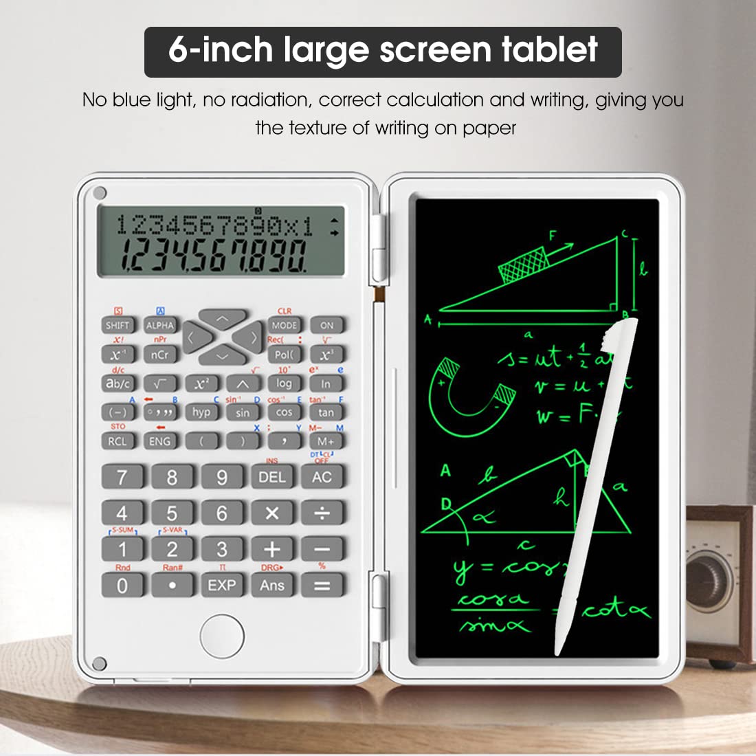 HASTHIP 2 in 1 Calculator with Erasable LCD Writing Pad, Double Row Number Large Display Desktop Calculators, Multi-Function Calculator Notepad for School Calculating (White)