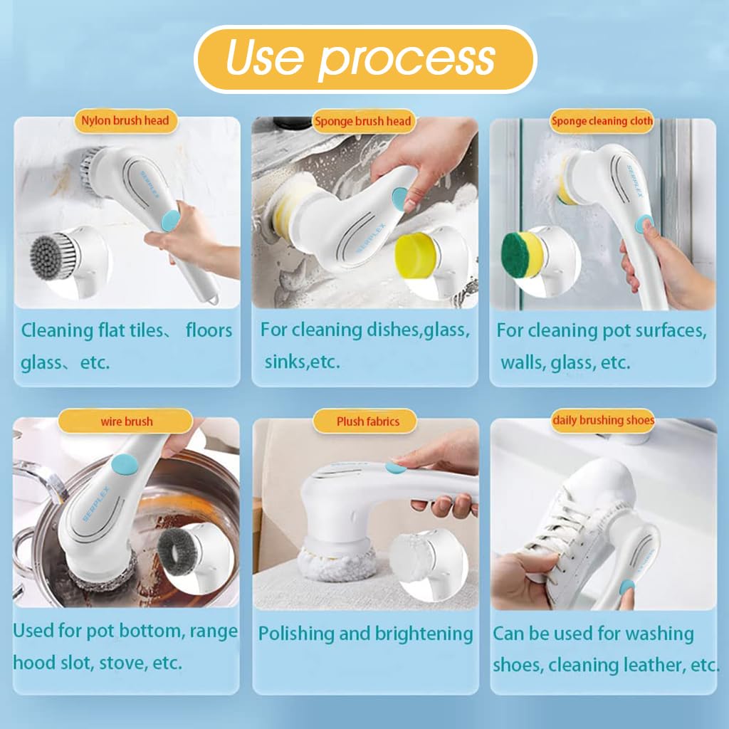 Serplex Electric Cleaning Brush Rechargeable Electric Spin Scrubber with 5 Brush Heads, 360° Rotation Bathroom Cleaning Brush Electric for Range Hood, Glass, Window, Car, Bathtub, Tile, Shoes
