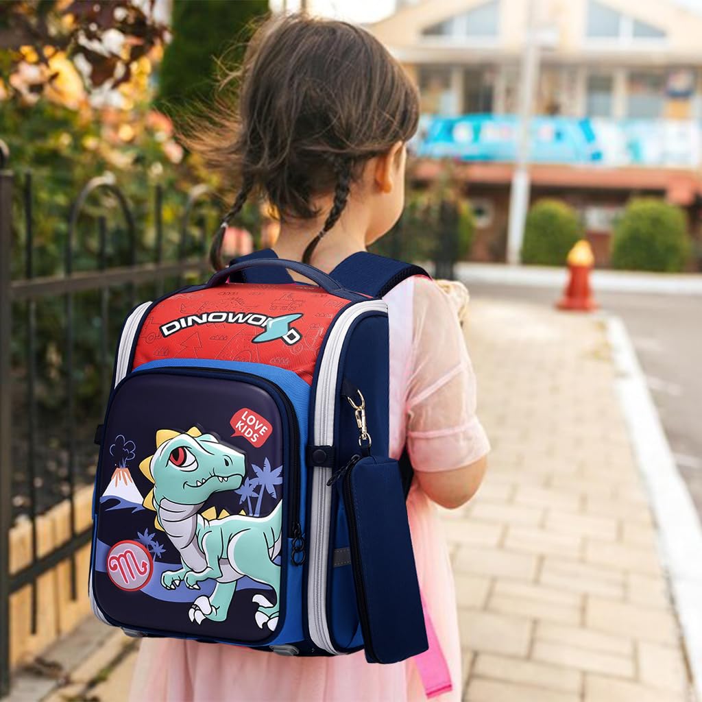 PALAY Boys School Backpack Dinosaur Cartoon Backpack with Pencil Pouch Primary Bookbag Boys Backpack for School, Travel, Burden-relief Backpack School Gift