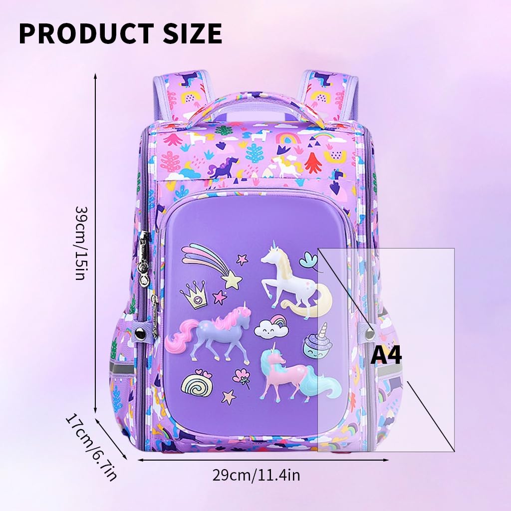 PALAY Girls School Backpack Unicorn Cartoon Backpack Primary Bookbag Girls Backpack for School, Travel, Camping, Waterproof Burden-relief Backpack School Gift for Kids 6-12 Years Old