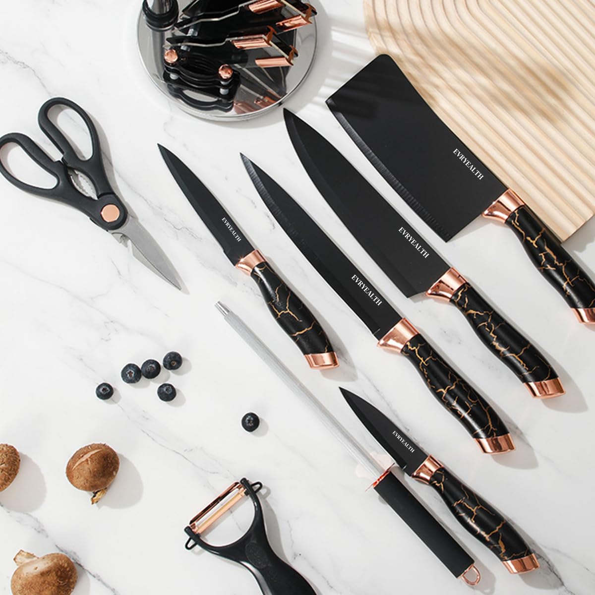 HASTHIP Kitchen Cutters Set of 8Pcs Stainless Steel Kitchen Cutter Tool Set with Storage Holder Chef Western Japanese Chef Knives Fruit Cutter Peeler Scissors Cutter Sharpenning Steel