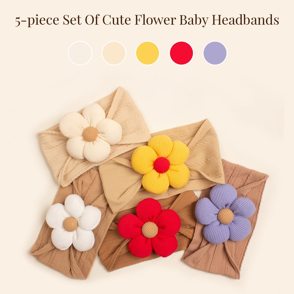 PALAY 5 Pcs Baby Flower Headbands Baby Girls Nylon Headbands Soft Hairbands Hair Accessories for Newborn Infant Toddler Kids