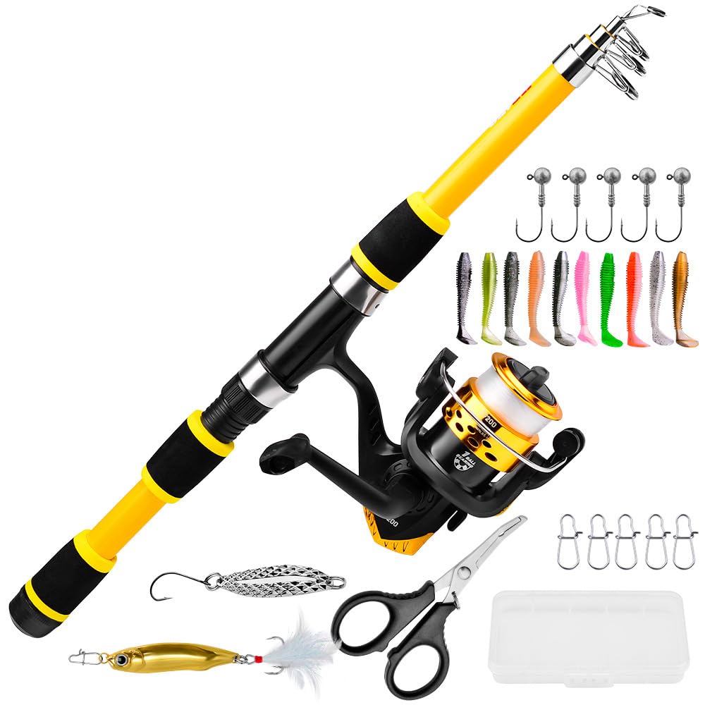 Proberos 1.8M Portable Fishing Rod with Reel Carbon Fiber Telescopic Spinning Fishing Rod Bait Kit Lifelike Artificial Hooks Fishing Lures, Baits for Bass Pike Trout Salmon, Starter Fishing Rod Pack