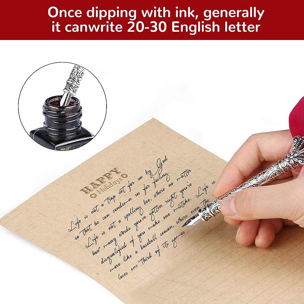 Climberty Antique Feather Calligraphy Pen Set -Writing Quill Ink Dip Pen with 5 Extra metal Nibs (Red)