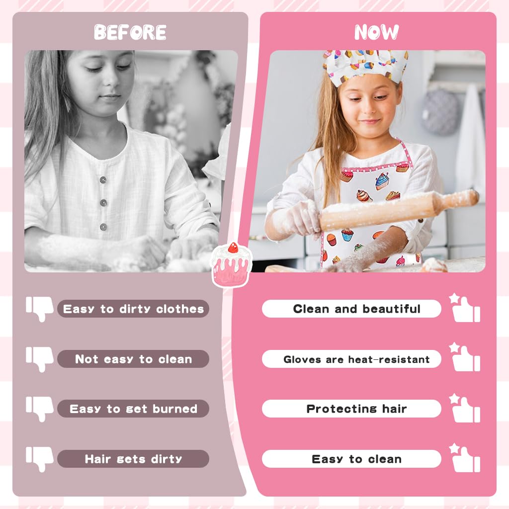SNOWIE SOFT Chef Dress for Girl 3-7 Years Old, 4pcs Kitchen Costume Role Play Kits, Girls Apron with Chef Hat, Cooking Mitt and Print Insulation Pad Themed Photography Props