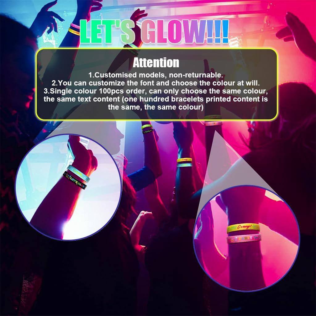 PATPAT 100Pcs Neon Custom Silicone Wristbands - Personalized Printed - Add a Message - Customizable Rubber Bracelets - Customized for Motivation, Events, Companies, Support, Fundraisers(Yellow)