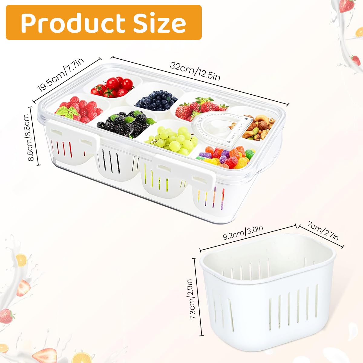 HASTHIP Refrigerator Fresh Box Frozen Berries Fresh Box with 8 Seperated Baskets Transparent Lid Design with Date Tracker Food-grade PP Food Container for Nuts, Dry Fruit, Frozen Berries