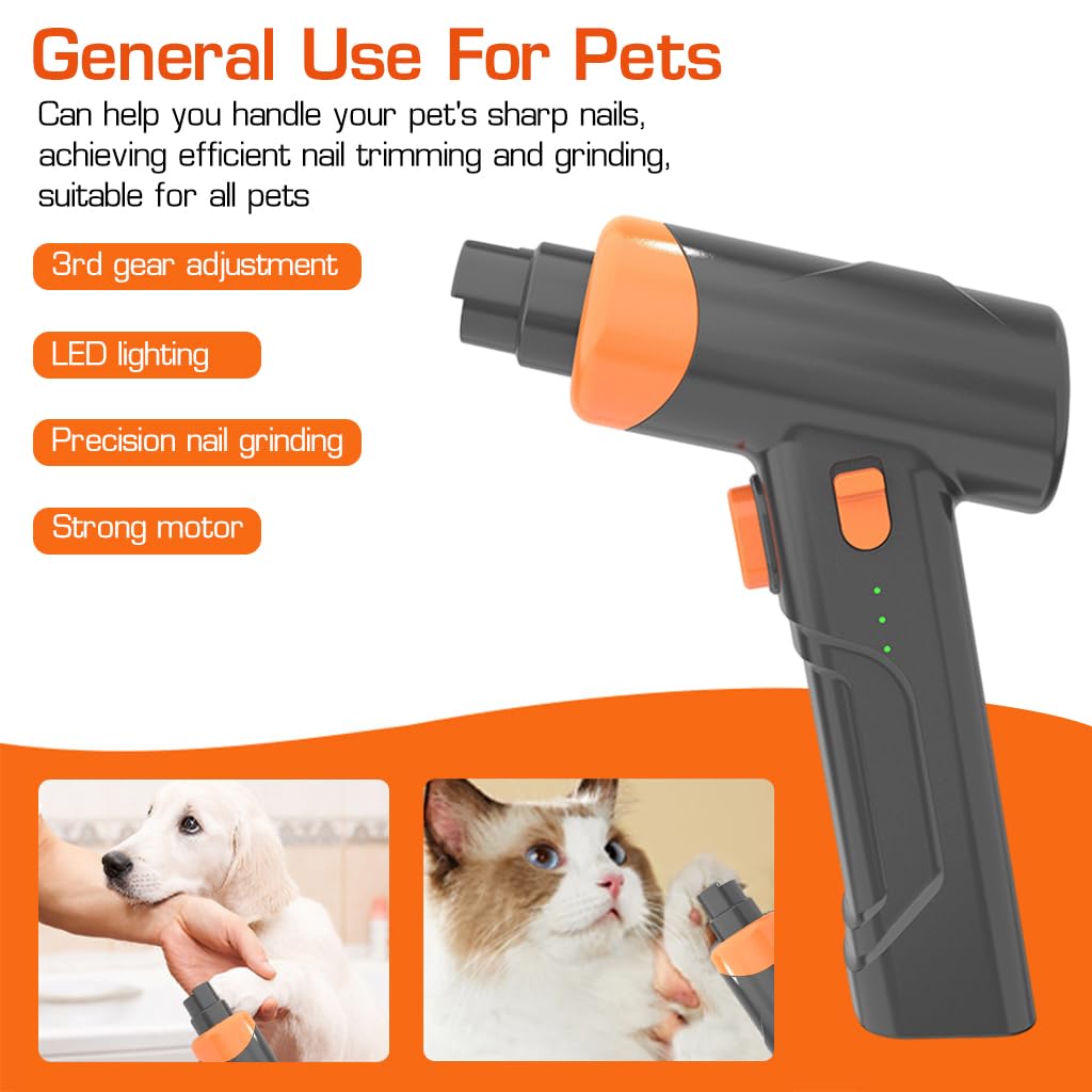 Qpets Dog Nail Grinder Cat Nail Cutter, Low Noise Electric Dog Nail Trimmer with LED Light & 3 Grinding Speeds, Pet Grooming Nail Grinder Rechargeable Nail Cutter for Cat Dog